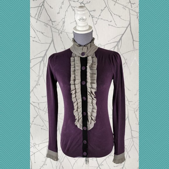 Twelve by Twelve Ruffle Button Front Knit High Neck Blouse - Picture 1 of 5